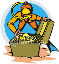 Diver Looking Into a Treasure Chest Full of Gold - Royalty ...