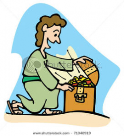 Clip Art Image: A Man Kneeling and Finding a Treasure Chest