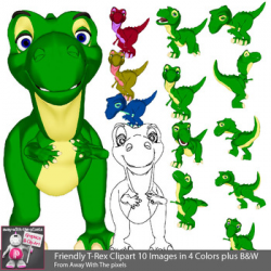 10 Cute Cartoon Style T-Rex Clip Art Images / Color and Black and White