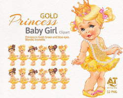 Gold princess, baby girl. Baby shower clipart Yellow Gold tutu dress Gold  crown Pearl beads Puffs Bun Cute kids Nursery art Instant download