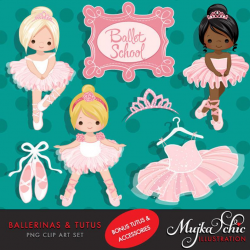 Ballerina Clipart with cute characters, pink tutu, ballet shoes Graphics,  ballet school, tiara, ballet dress, invitation, embroidery, art