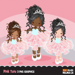 Pink Tutu clipart. Cute ballerina graphics, ballet party, party printables,  digitized embroidery, planner stickers, african american, dark