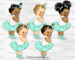 Ballerina Mint Green & White Tutu Sneakers | Baby Girl 3 Skin Tones Puffs |  Clipart Instant Download