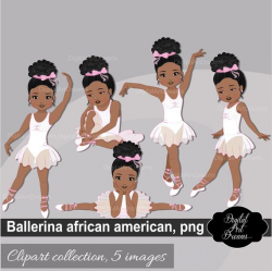Ballerina African American Clipart, Little Girls Graphics, Cute Characters  Clip Art, White Tutu Dress, Ballet Printables, Cute Dance Art png
