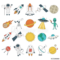Set of space objects. Spaceship, rockets, planets, astronaut ...