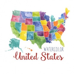 Watercolor United States Clipart, USA art, Watercolor USA, Map clip art,  watercolor United states map, digital US download map art