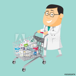Funny cartoon doctor carries pills for patients. Shopping ...