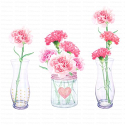 Watercolor flower clipart, Carnations in vase, Clipart for ...
