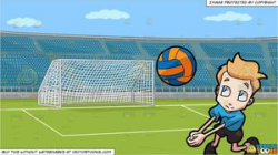A Boy Playing Volleyball and A Soccer Field With Stadium Seating Background