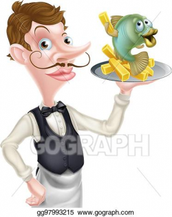 Vector Clipart - Cartoon waiter butler holding fish and ...