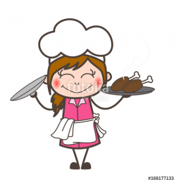 Cartoon Blushing Waitress Presenting Chicken Food Vector ...