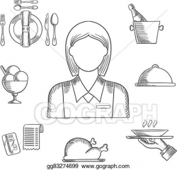 Vector Clipart - Hand drawn waitress and restaurant items ...