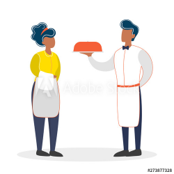 Waiter and waitress standing. Restaurant staff in the ...