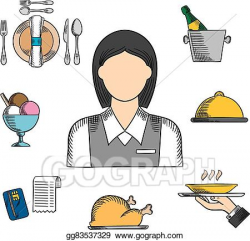 Clip Art Vector - Waitress and restaurant color icons. Stock ...