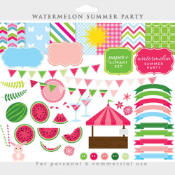 Watermelon clipart - watermelon clip art, summer, fruit, spring, Easter  party, shop stand, frames, papers, pink, green, bunting commercial