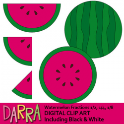 Watermelon clipart, simple fractions 1/2, 1/4, 1/8, math clip art
