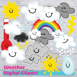 Weather Digital Clipart, Rainbow Clipart, Sun Clipart, Windy Day Clipart,  Sunny Day Clipart, Rainy Day Clipart, Cloudy Day, Raindrop Clipart