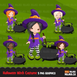 Halloween witch clipart. Cute kids in witch costumes. Halloween party,  birthday, planner stickers, cauldron, potion, invitation, card making