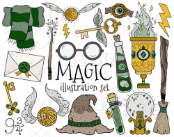 Wizard School Clipart Set, House Colors Magician Witch Witchcraft Clip Art  Set, Wizard Birthday, Magic Themed Birthday, Wizard School PNG