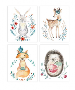 Holmkell Set of 4 Nursery Woodland Animals Prints, Baby Kids Room Unframed  Wall Art, Forest & Nature Themed. Rabbit Deer Fox and Hedgehog Watercolor  ...