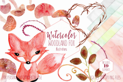 Cute Watercolor Woodland Fox Baby Animal Mushrooms Rustic Nature Clipart  Set & Digital Background Papers