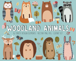 Woodland Clipart Set - Cute Woodland Forest Animals Vector Clip Art Bundle  - 34 Adorable Designs for Woodland Nursery Decor, Cards and More!