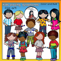 Kids playing xylophones clip art -Color and B&W-