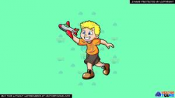 Clipart: A Young Boy Playing With His Toy Airplane on a Solid Turquiose  41Ead4 Background