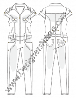 Denim One-Piece Jumpsuit Flat Sketch V8 Zip-Front Short Sleeves ...